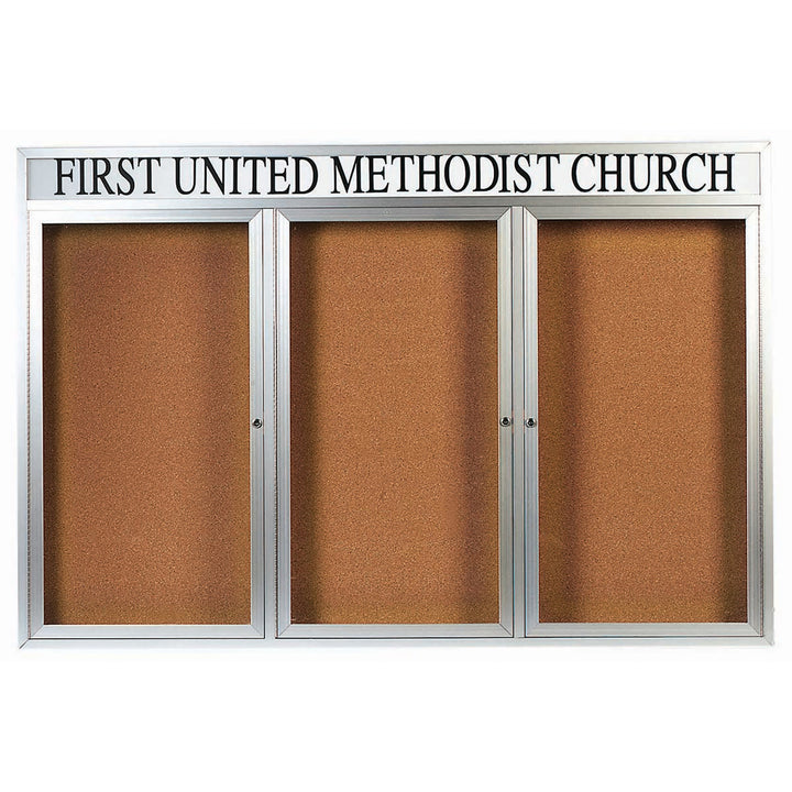 3 Door Enclosed Bulletin Board with Header - Non-Illuminated - Outdoor Usage