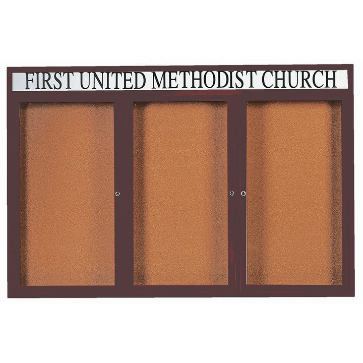 3 Door Enclosed Bulletin Board with Header - Non-Illuminated - Outdoor Usage
