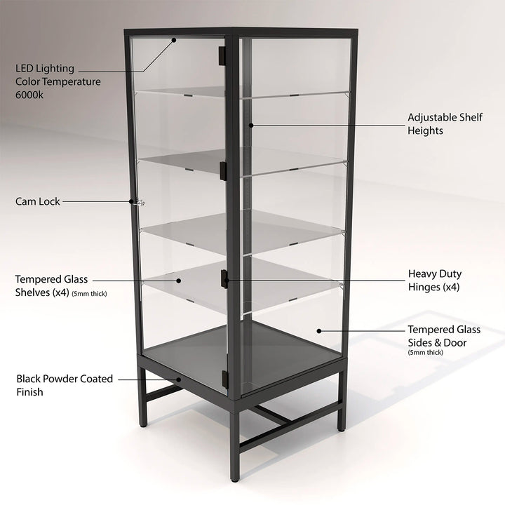 Glass Showcase Tower with 4 Adjustable Glass Shelves - Black