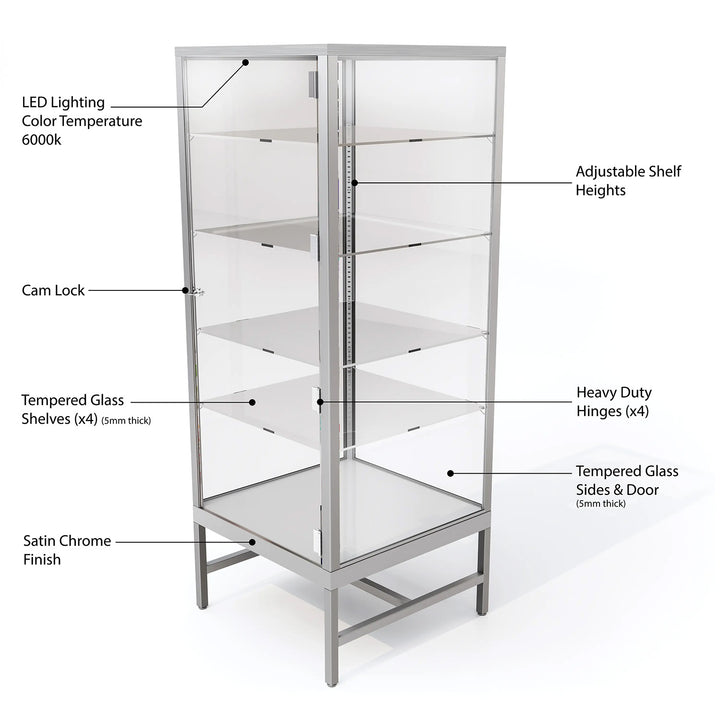 Glass Showcase Tower with 4 Adjustable Glass Shelves - Satin Chrome