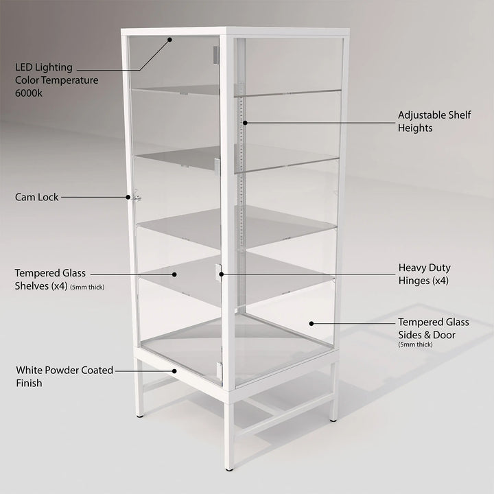 Glass Showcase Tower with 4 Adjustable Glass Shelves - White