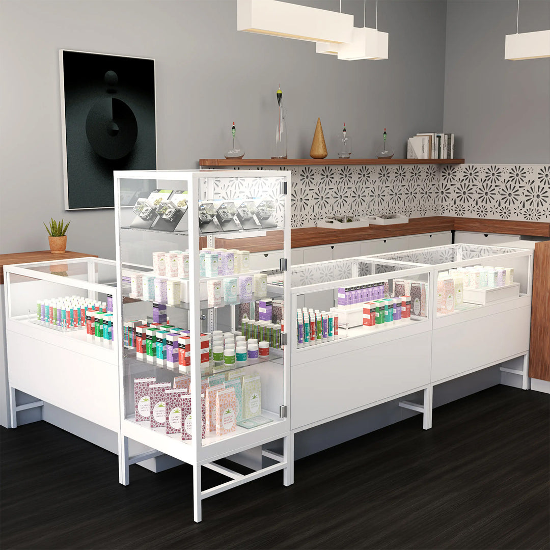 Glass Showcase Tower with 4 Adjustable Glass Shelves - White