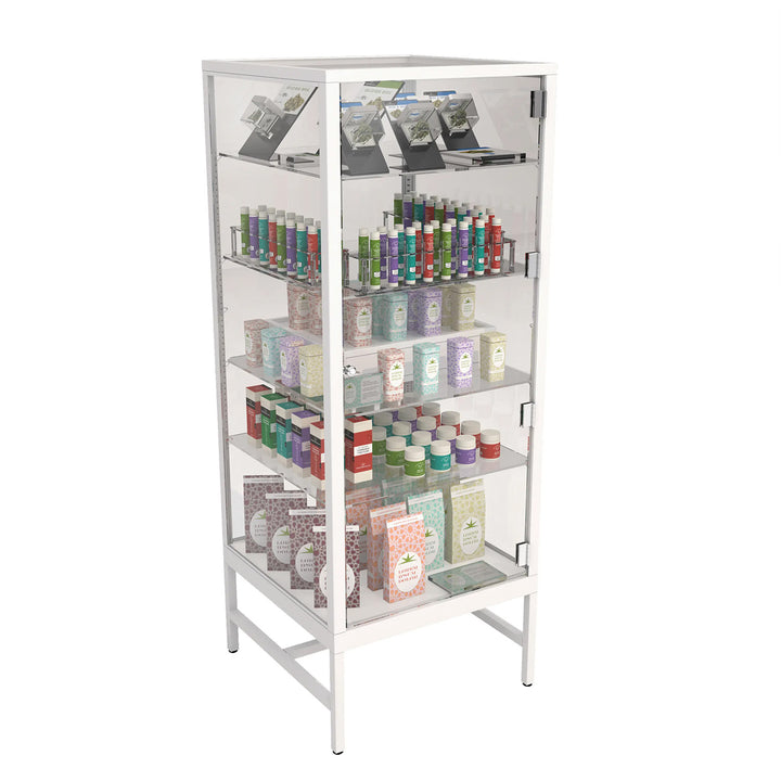 Glass Showcase Tower with 4 Adjustable Glass Shelves - White
