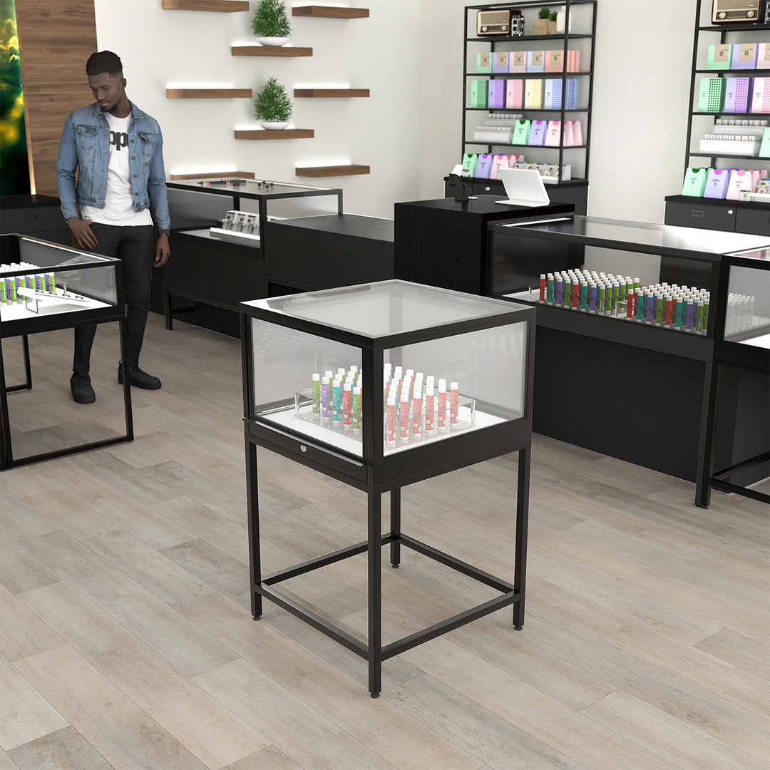 Deluxe 24" Square Corner Pedestal Glass Showcase - Black