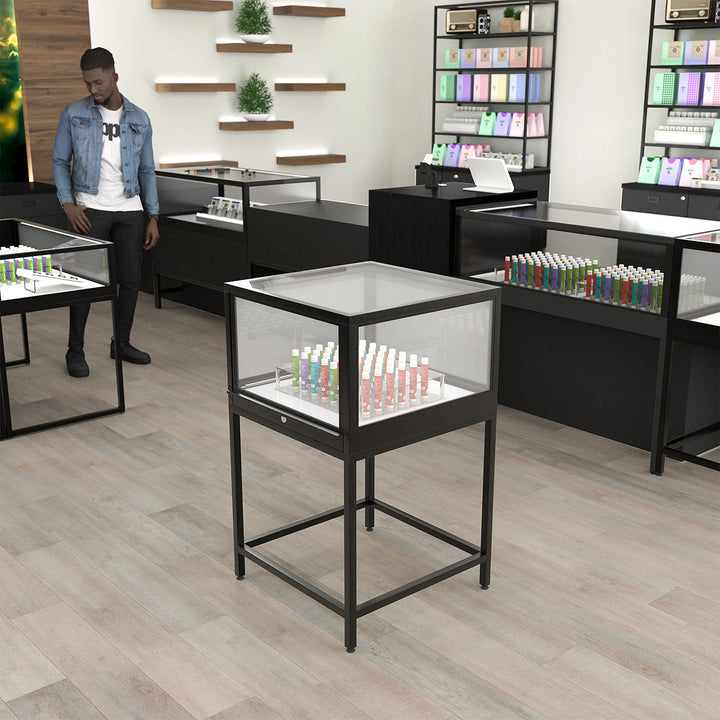 Deluxe 24" Square Corner Pedestal Glass Showcase - Black