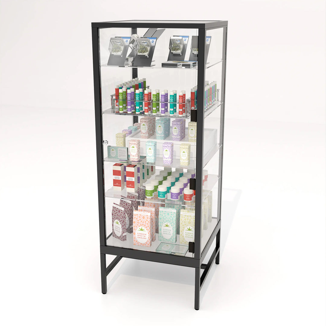 Glass Showcase Tower with 4 Adjustable Glass Shelves - Black