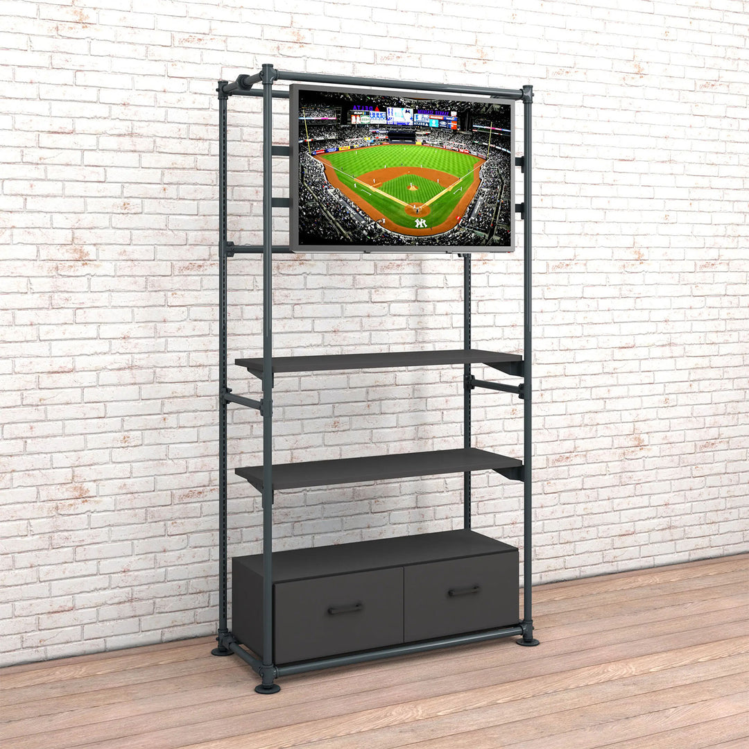 Pipeline Freestanding Kit with TV Display Mount, Two Shelves and Drawers