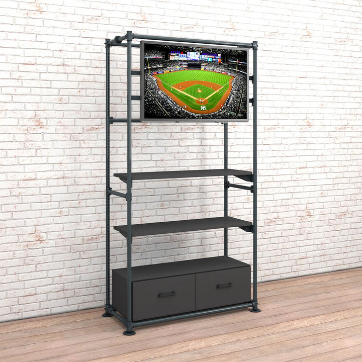 Pipeline Freestanding Kit with TV Display Mount, Two Shelves and Drawers