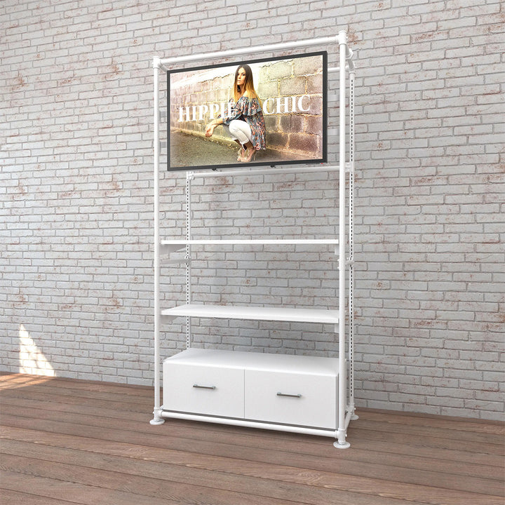 Pipeline Freestanding Kit with TV Display Mount, Two Shelves and Drawers