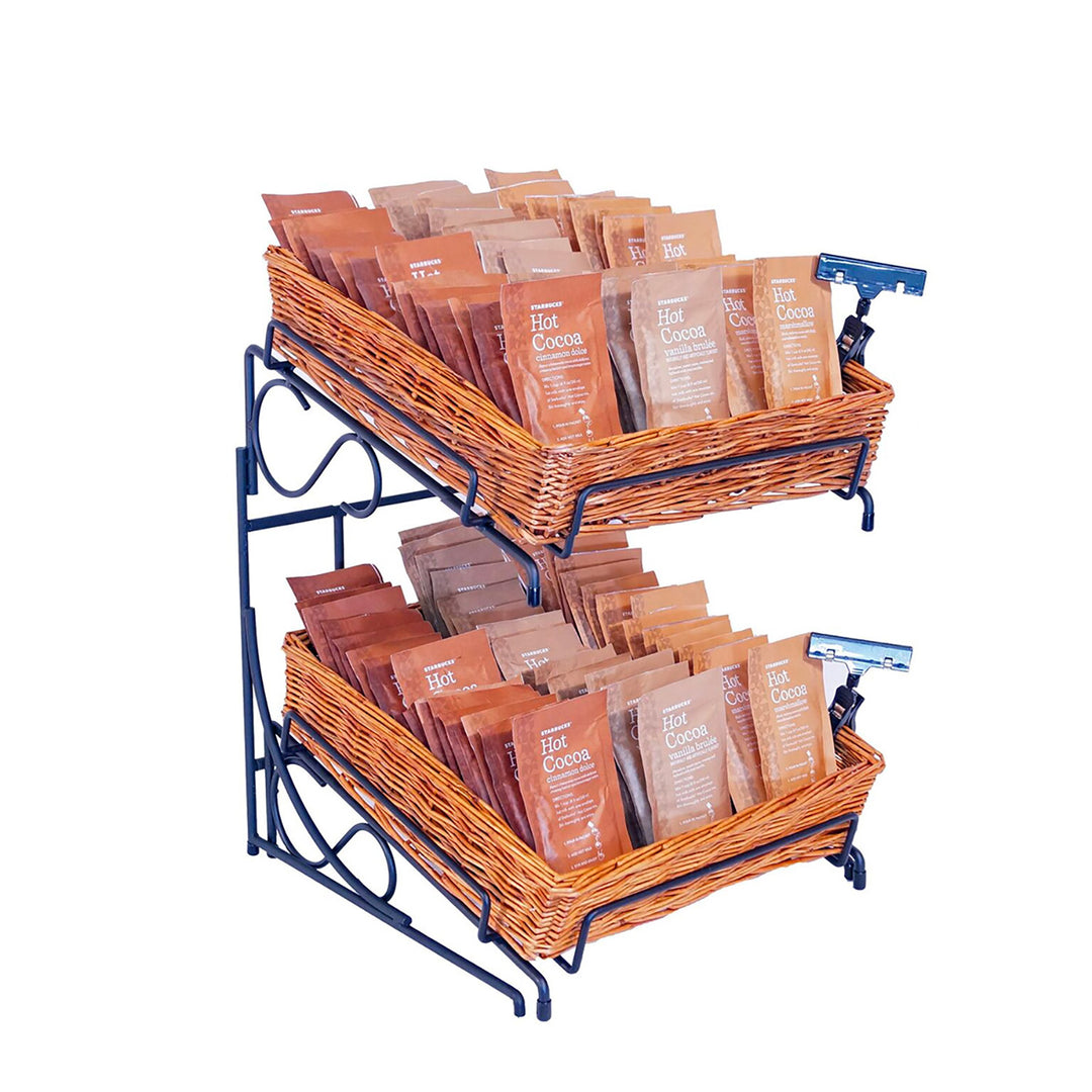 Square Willow Basket Counter Display Rack With Sign Clip 20"H 2-Tier/2-15"