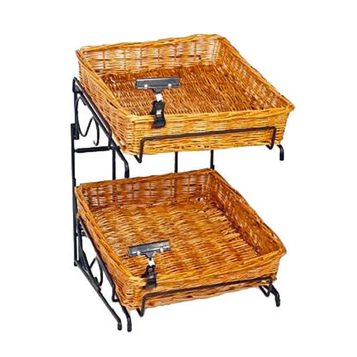 Square Willow Basket Counter Display Rack With Sign Clip 20"H 2-Tier/2-15"