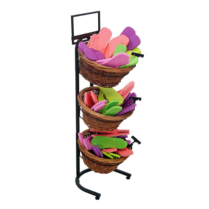 3 Tier 3 Round Willow Basket and Floor Stand Display Rack with Sign Frame