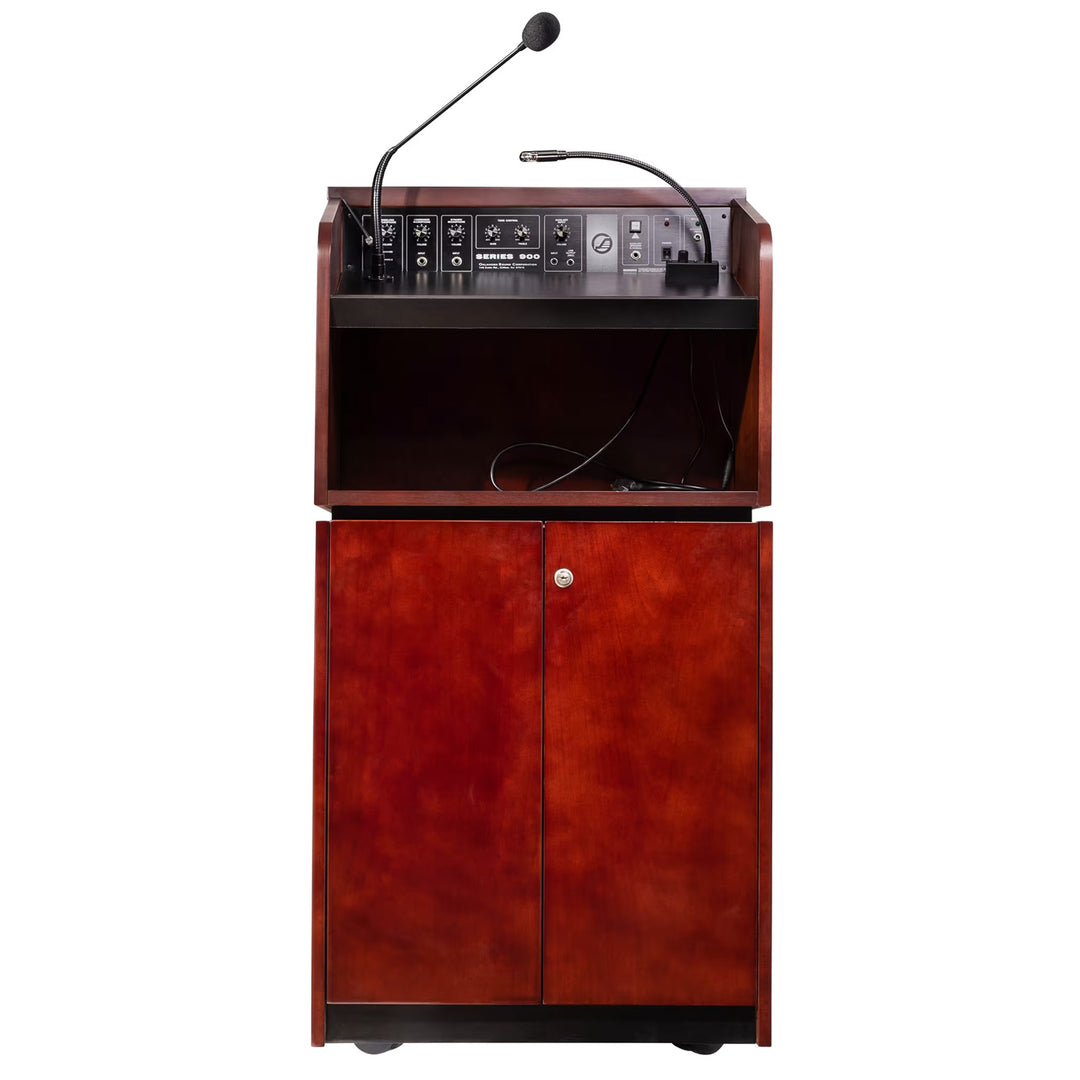 Tabletop & Base Combo Sound Lectern, Mahogany on Walnut