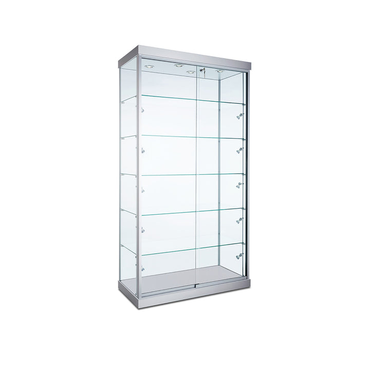 Floor Display Case TD200, 48"W, LED Lights, Wheels, Glass Back