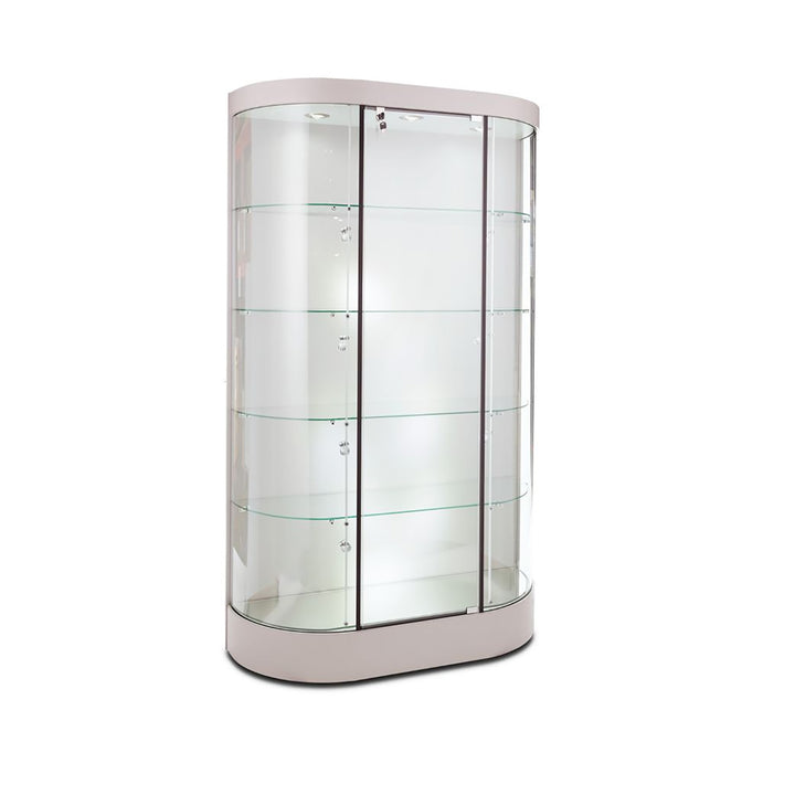 Floor Curved Display Case TD285, LED Lights, Levelers, Solid Back