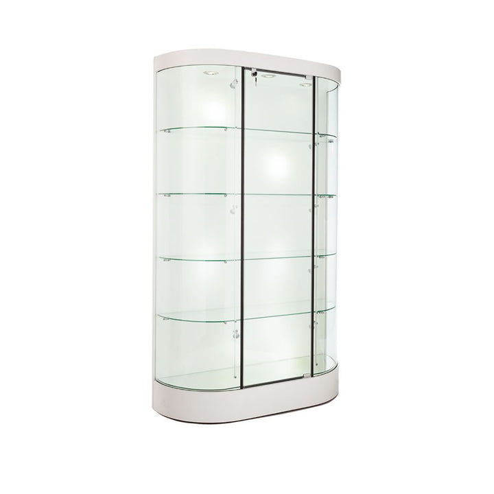 Floor Curved Display Case TD285, LED Lights, Levelers, Solid Back