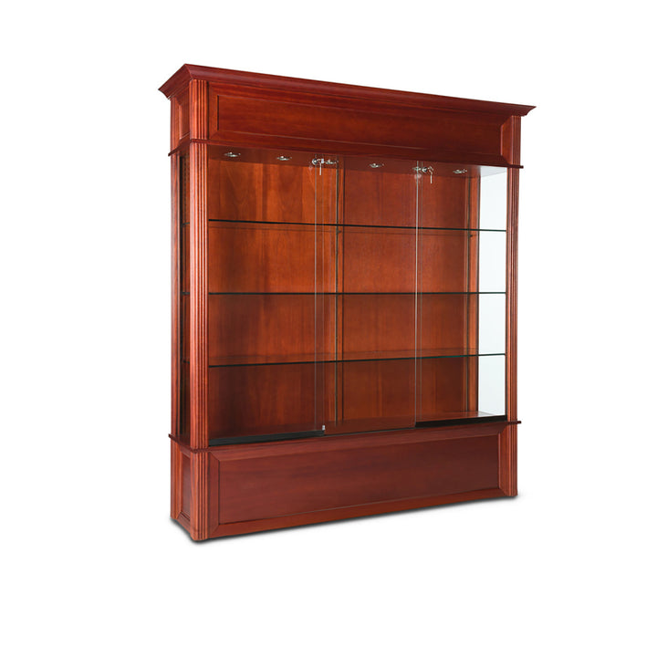 Wooden Wall Display Case TD290 82"H x 75"W, LED Lights, Levelers, Solid Back