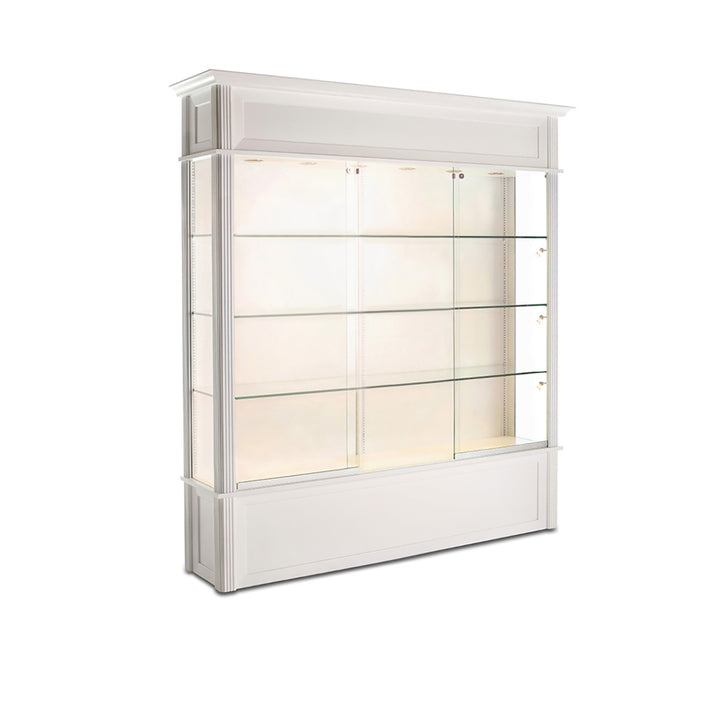 Wooden Wall Display Case TD290 82"H x 75"W, LED Lights, Levelers, Solid Back