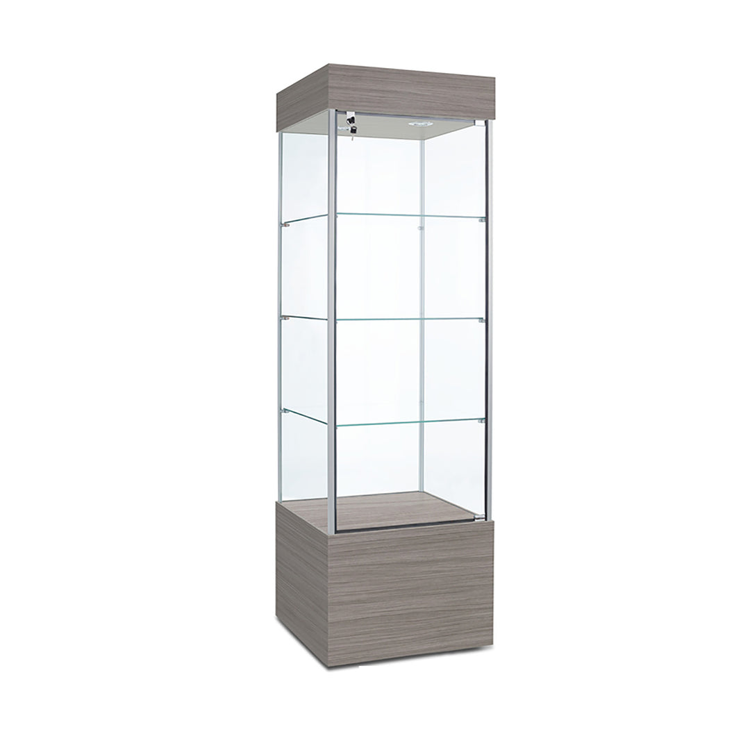 Tower Display Case TW310, 23"W, LED Lights, Wheels, Mirror Back
