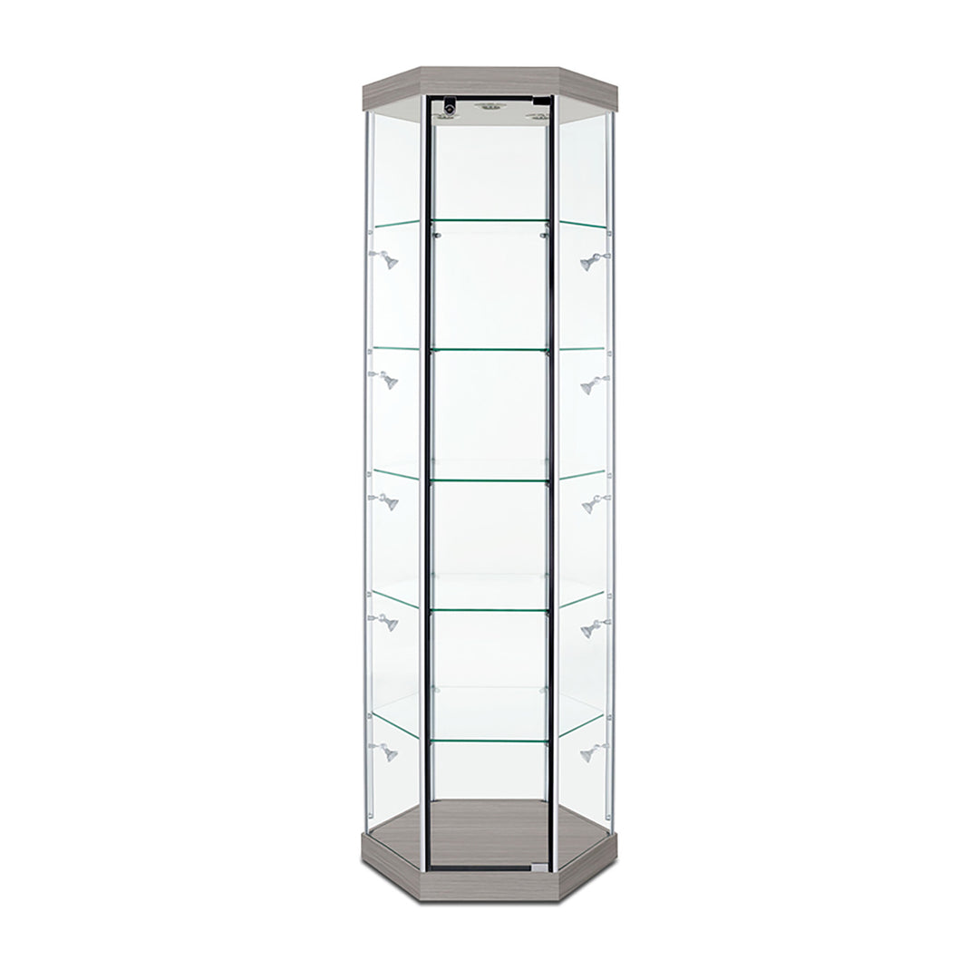 Hexagon Tower Display Case TW330 79.5"H, Wheels, LED Lights