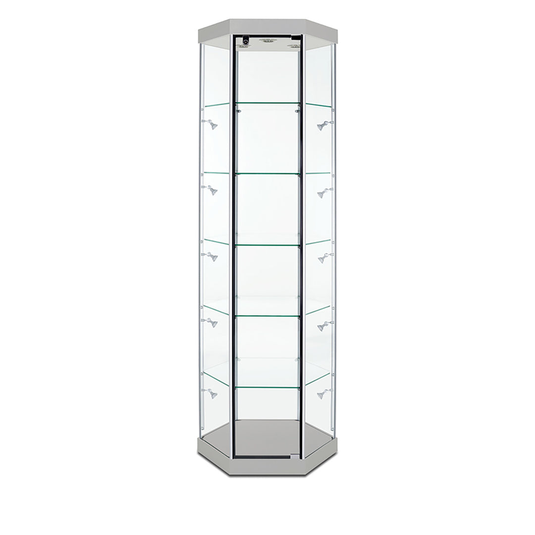 Hexagon Tower Display Case TW330 79.5"H, Wheels, LED Lights