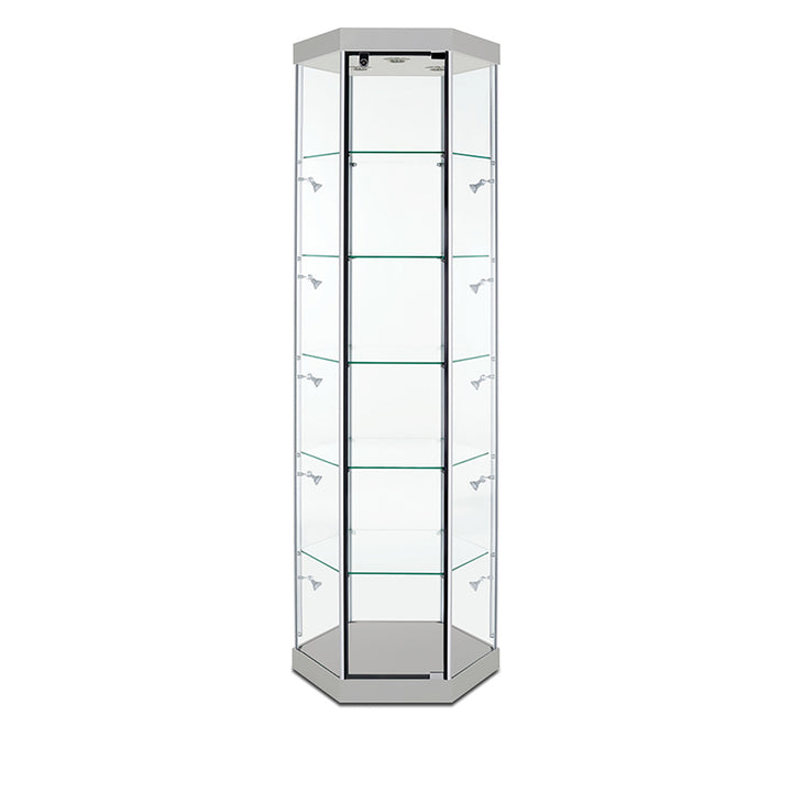 Hexagon Tower Display Case TW330 79.5"H, Wheels, LED Lights