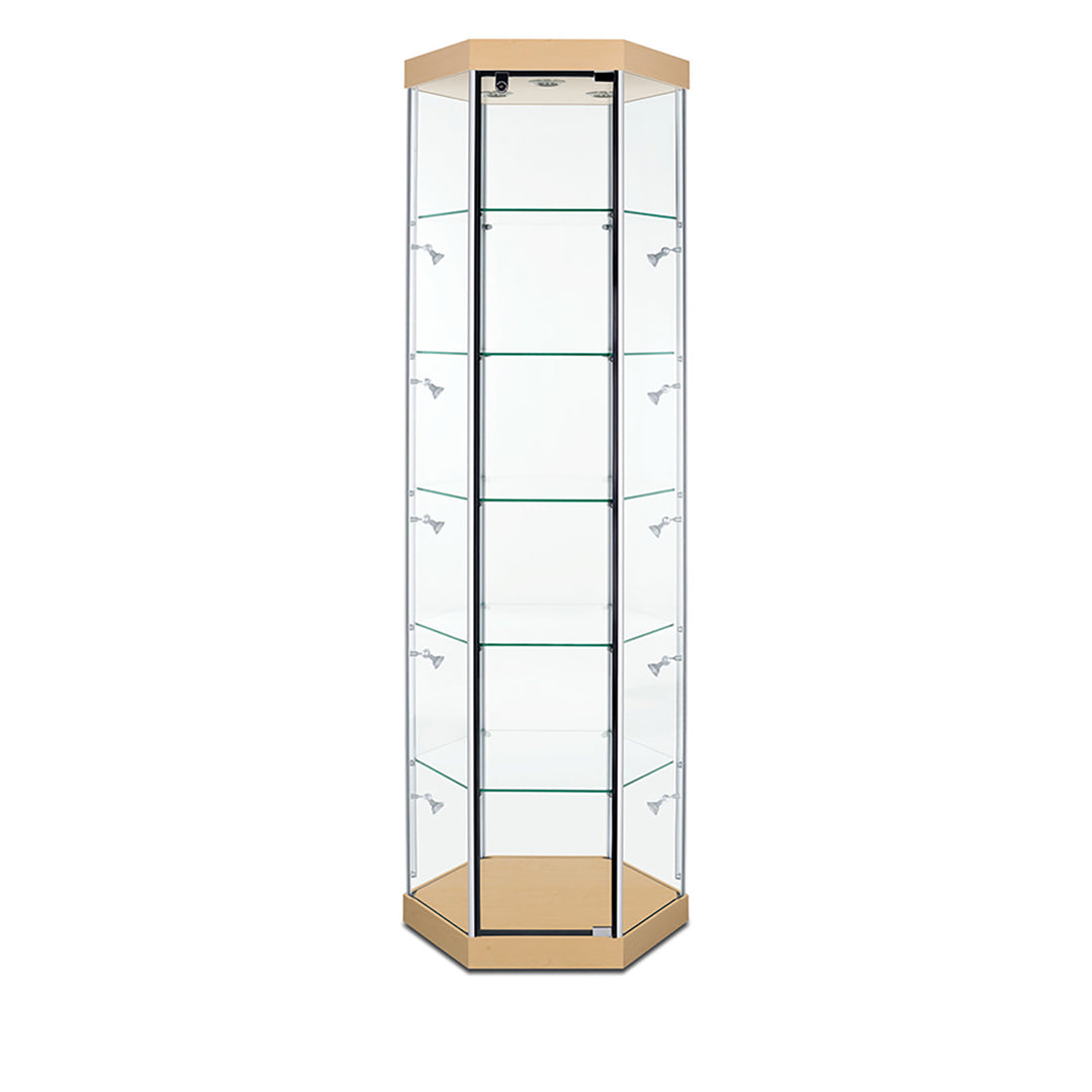Hexagon Tower Display Case TW330 79.5"H, Wheels, LED Lights