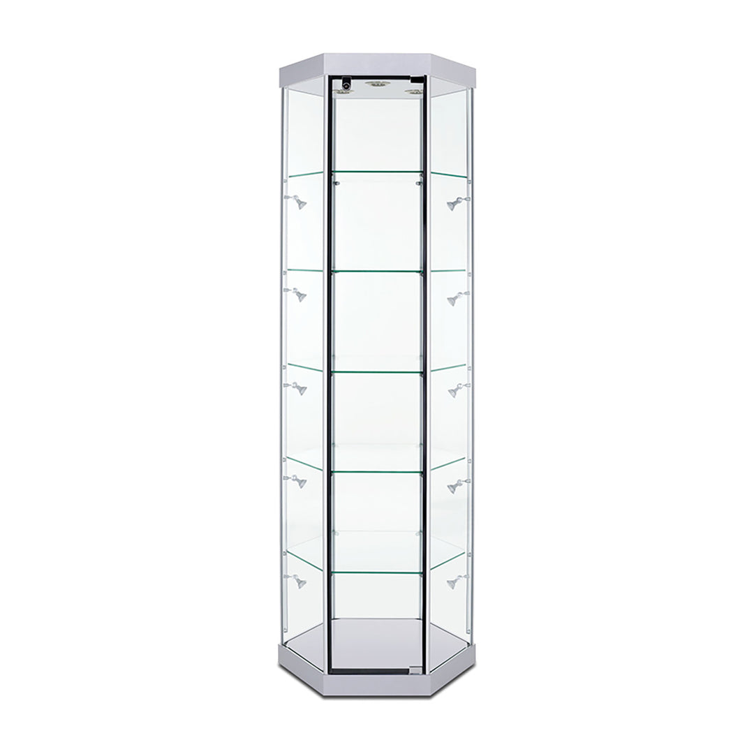 Hexagon Tower Display Case TW330 79.5"H, Wheels, LED Lights