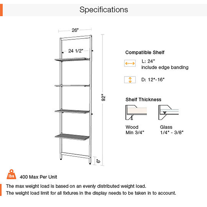 Vertik Wall Mounted Retail Display Shelf Unit, For 4 Shelves, 10″-12″D, Chic Black, 1-Section