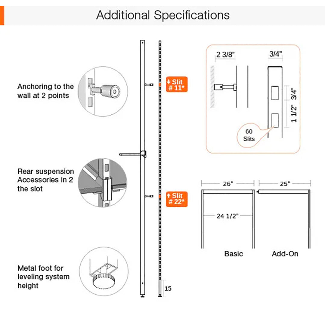 Vertik Wall Mounted Retail Display Shelf Unit, For 4 Shelves, 10″-12″D, Chic Black, 1-Section