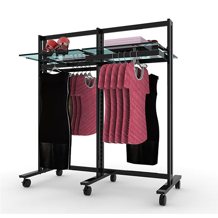 Retail Clothing and Shelving Vertik Stand for 4 Shelves, 2 Faceouts and 2 Hanging Rails, Chic Black, 2-Sections