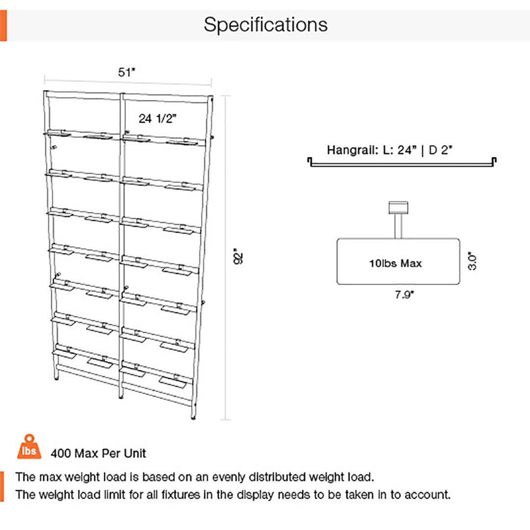 Vertik Wall Mounted Retail Display With 28 Shoe Displayers, 2-Sections, 26″ Wide, Chic Black