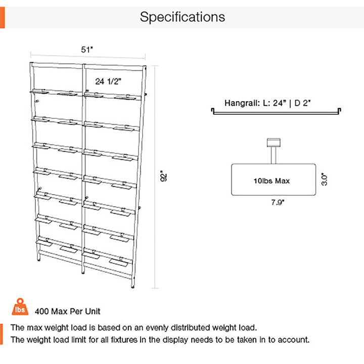 Vertik Wall Mounted Retail Display With 28 Shoe Displayers, 2-Sections, 26″ Wide, Chic Black