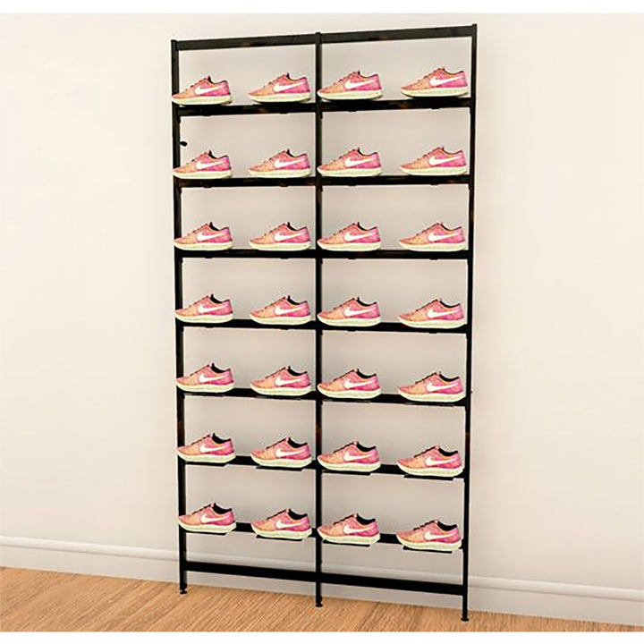 Vertik Wall Mounted Retail Display With 28 Shoe Displayers, 2-Sections, 26″ Wide, Chic Black