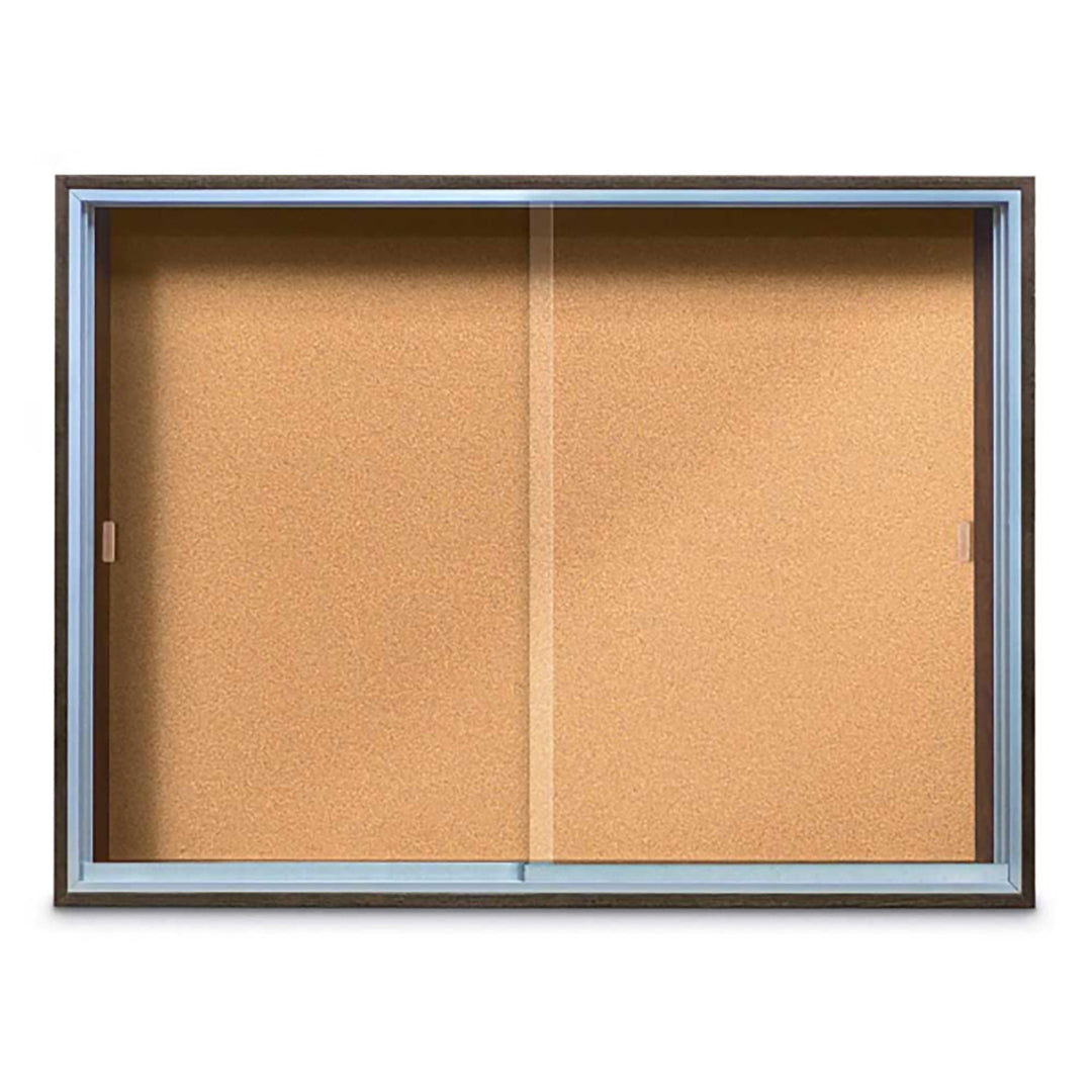 Enclosed Sliding Door Bulletin Board with Cork Back Wood frame
