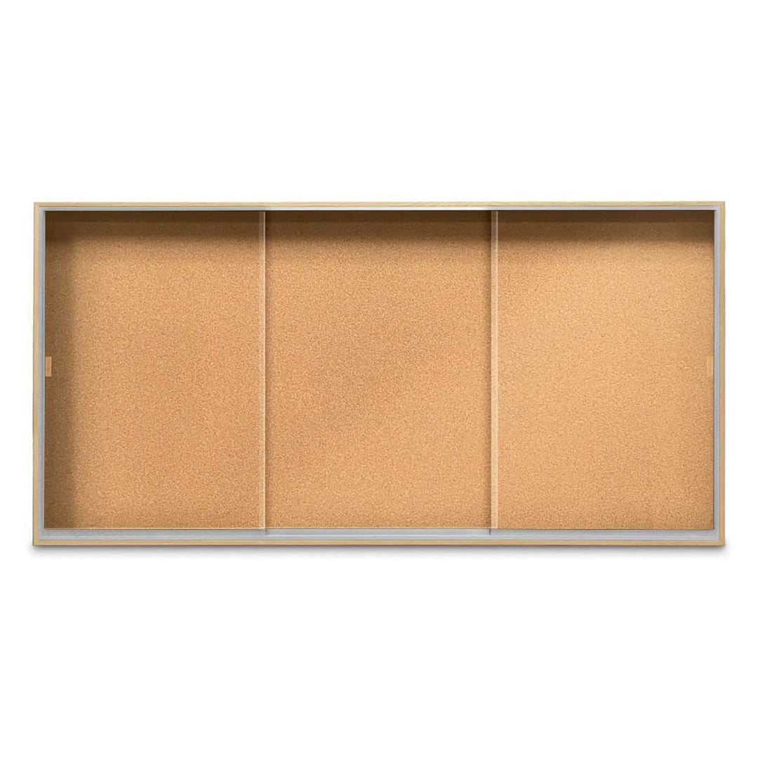Enclosed Sliding Door Bulletin Board with Cork Back Wood frame