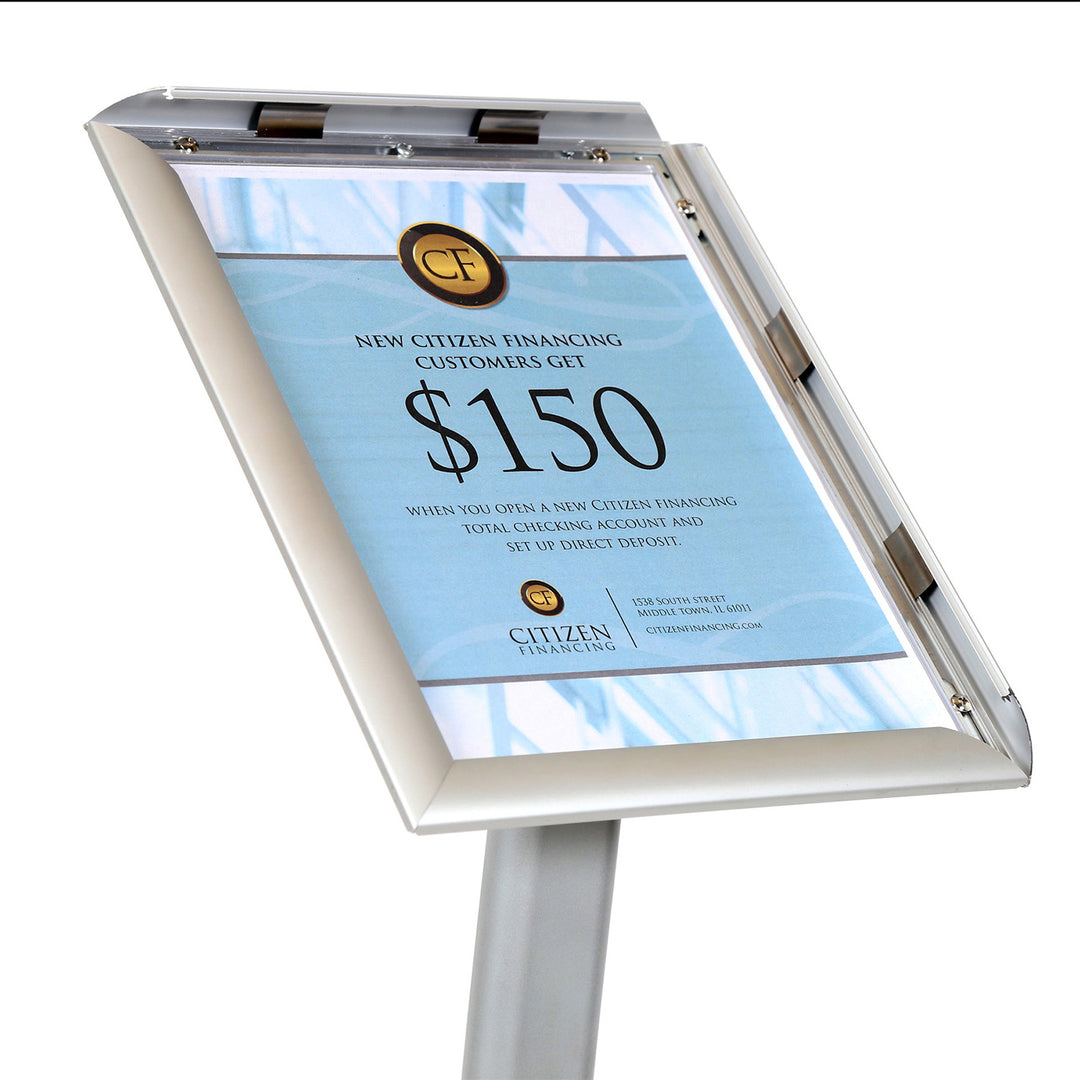 43" High Floor Standing Snap Frame Curved Sign Holder - Holds 8.5″w x 11″h Sign - Silver