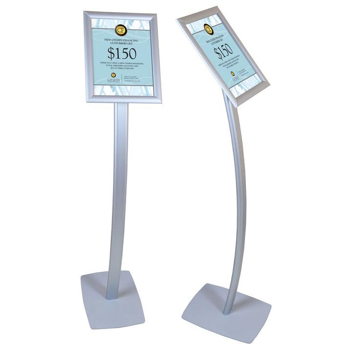 43" High Floor Standing Snap Frame Curved Sign Holder - Holds 8.5″w x 11″h Sign - Silver
