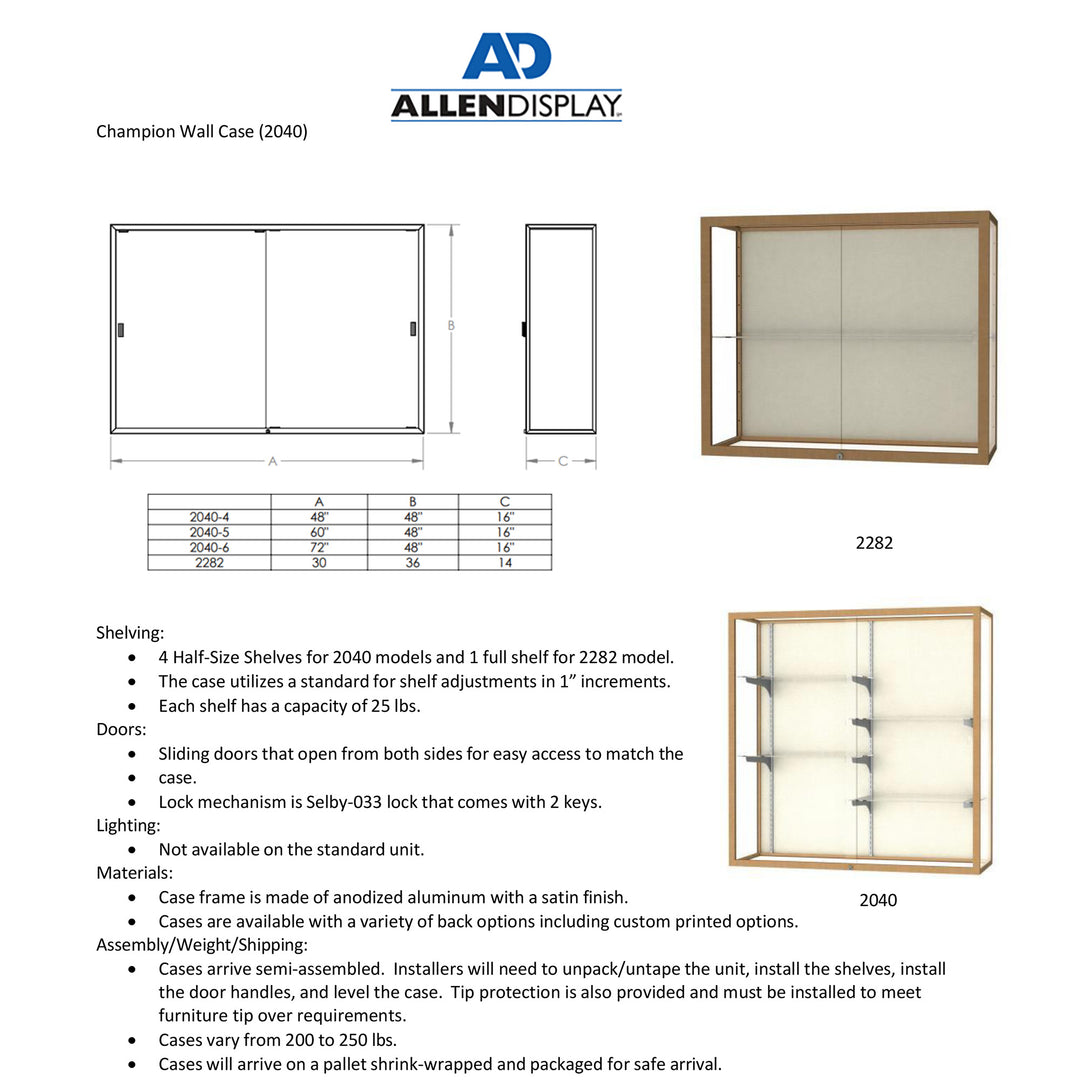 Champion Wall Mount Display Case 60"w x 48"h x 16"d