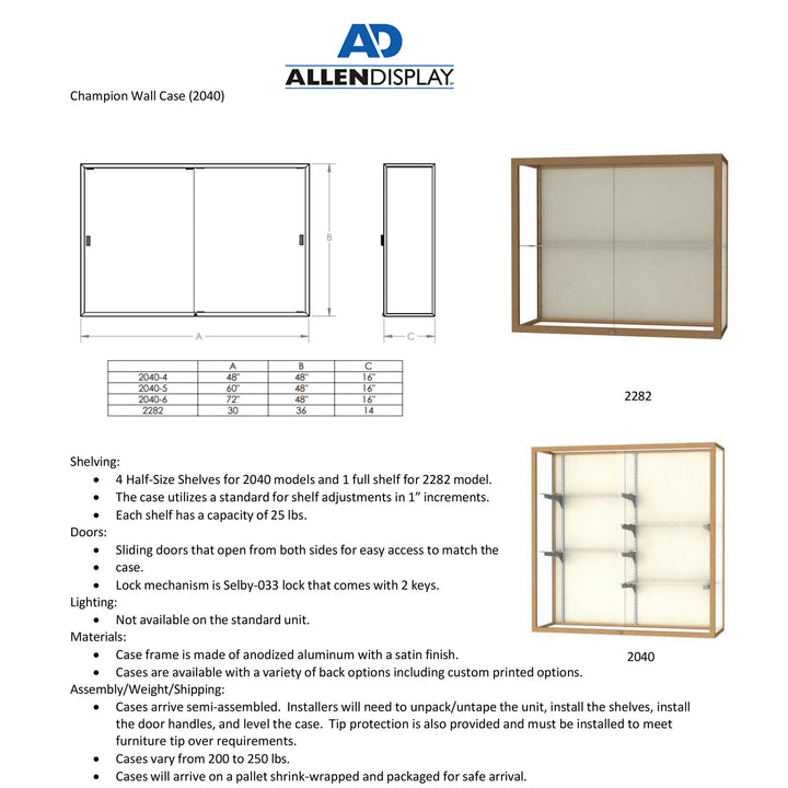 Champion Wall Mount Display Case 60"w x 48"h x 16"d