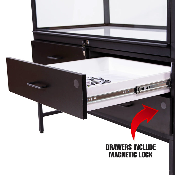 Deluxe Glass Showcase Display Cabinet with Storage Draws - Black