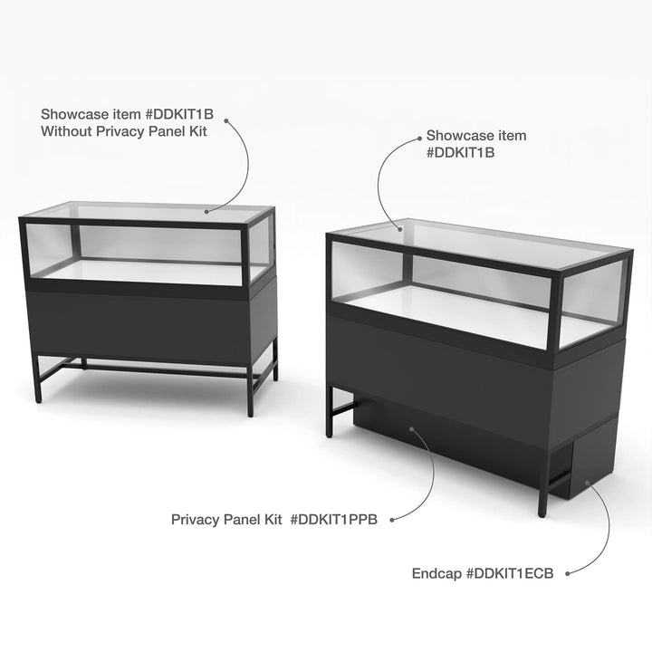 Black End Privacy Panels for Display Cabinet with Storage Drawers