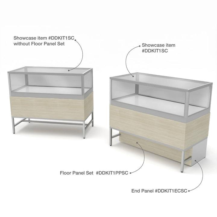 Satin Chrome End Privacy Panels for Display Cabinet with Storage Drawers