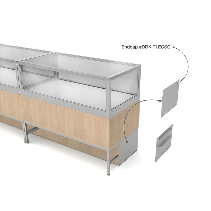 Satin Chrome End Privacy Panels for Display Cabinet with Storage Drawers