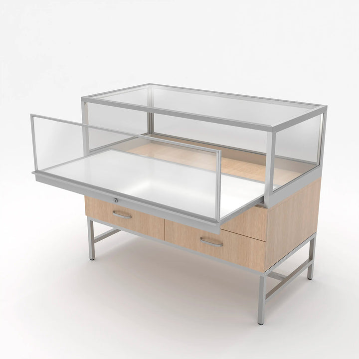 Deluxe Glass Showcase Display Cabinet with Storage Draws - Satin Chrome & Raw Oak