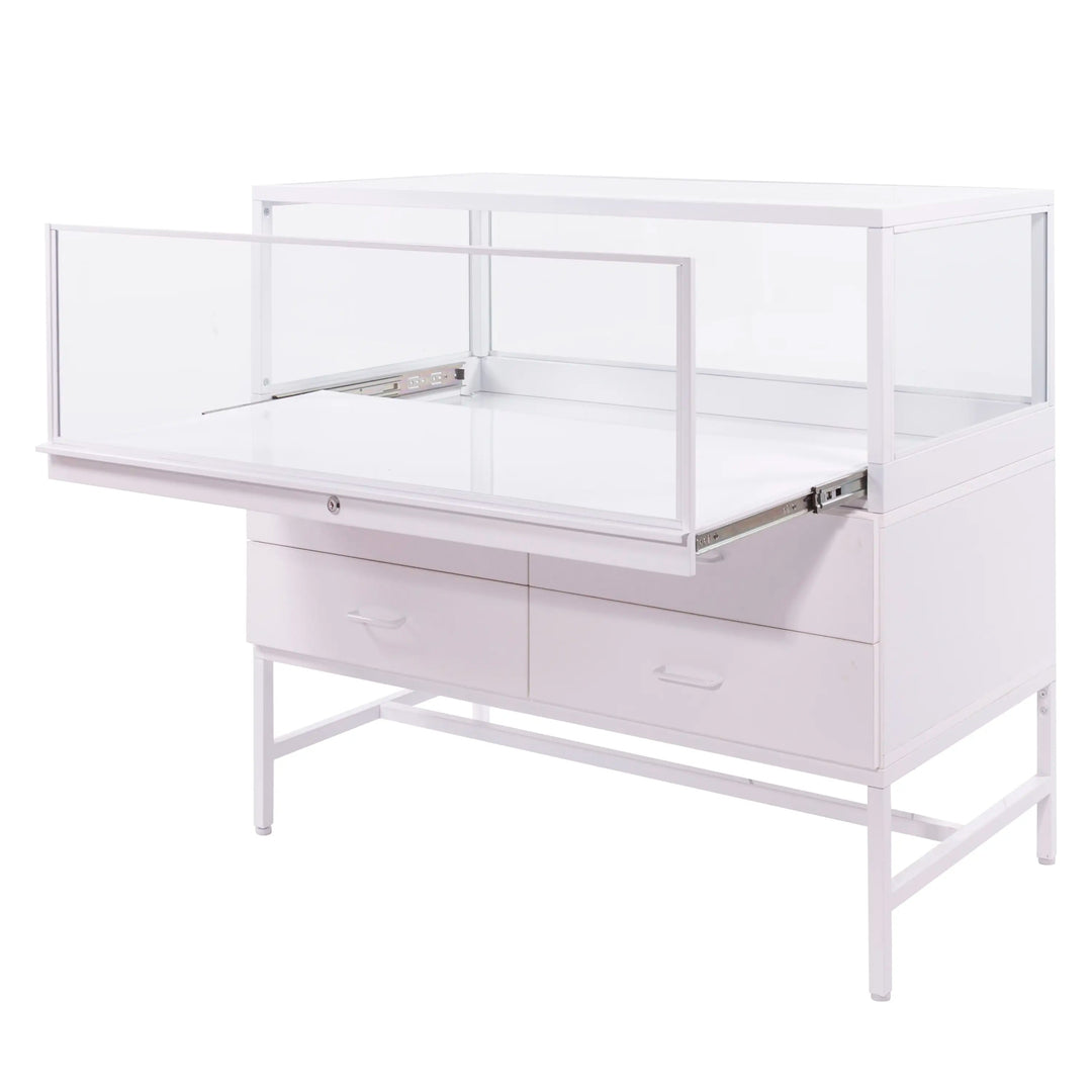 Deluxe Glass Showcase Display Cabinet with Storage Draws - White