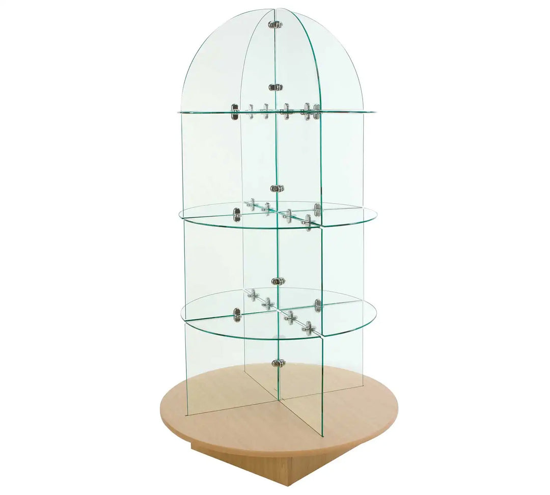 ROTATING GLASS MERCHANDISER WITH ROUND BASE – Allen Display