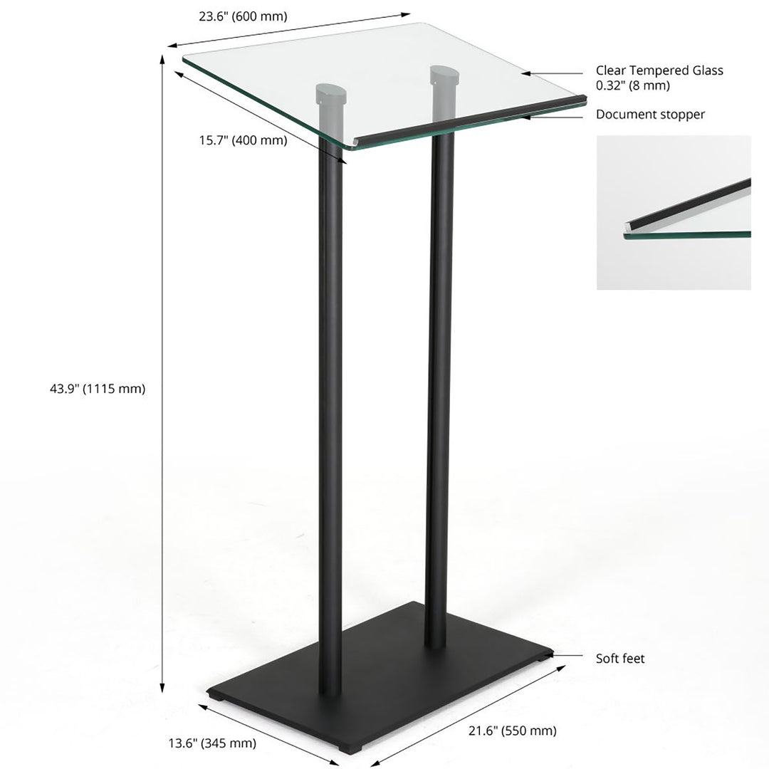 Tempered Clear Glass Podium Black Aluminum Frame and Base Lectern Pulpit Desk