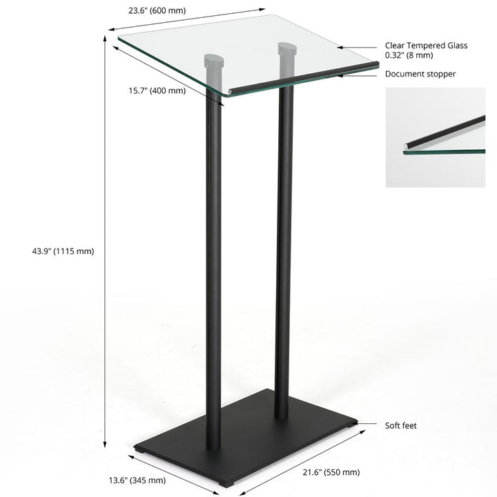 Tempered Clear Glass Podium Black Aluminum Frame and Base Lectern Pulpit Desk