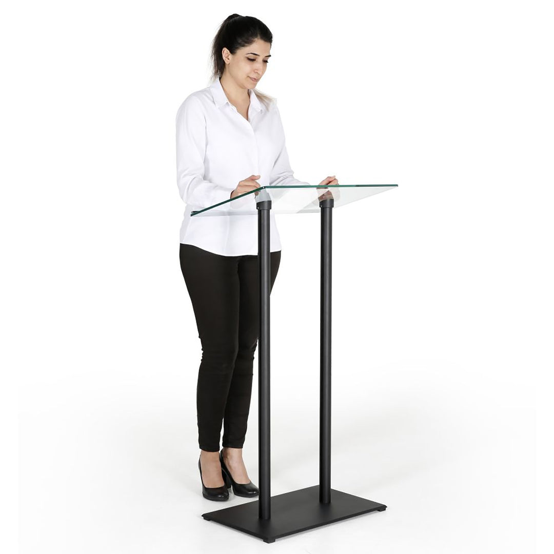 Tempered Clear Glass Podium Black Aluminum Frame and Base Lectern Pulpit Desk